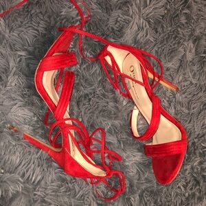 Well worn women’s sexy Red suede Lace-Up Strappy Heels